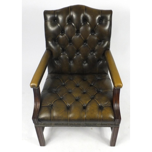 2002 - Mahogany framed Gainsborough open armchair with green leather button back upholstery, 101cm high