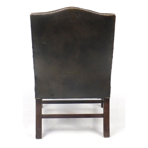 2002 - Mahogany framed Gainsborough open armchair with green leather button back upholstery, 101cm high