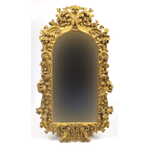 2041 - Ornate gilt framed bevelled edge mirror, decorated with putti amongst flowers, 121cm H x 67cm W