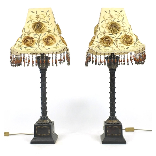 2090 - Pair of French style bronzed lamps, with silk floral embroidered shades and glass drops, each 77cm h... 