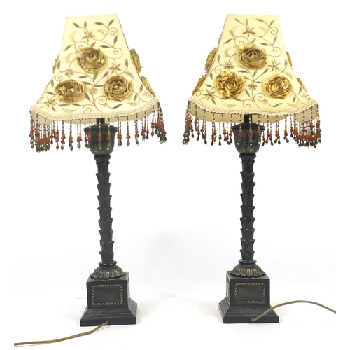 2090 - Pair of French style bronzed lamps, with silk floral embroidered shades and glass drops, each 77cm h... 