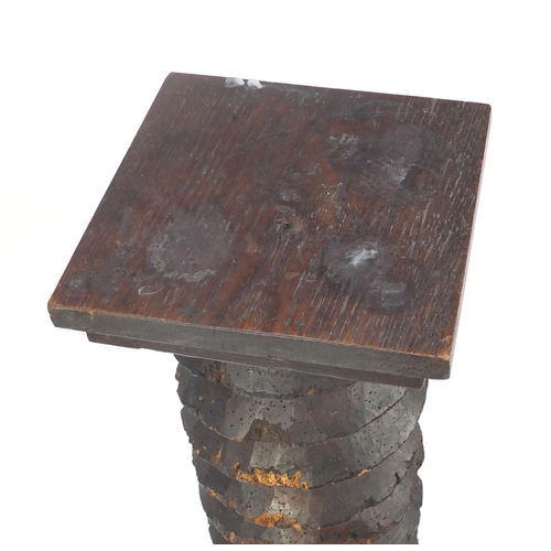 2030 - 18th century carved wooden wine press screw pedestal, 150.5cm high