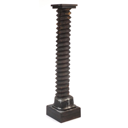 2030 - 18th century carved wooden wine press screw pedestal, 150.5cm high
