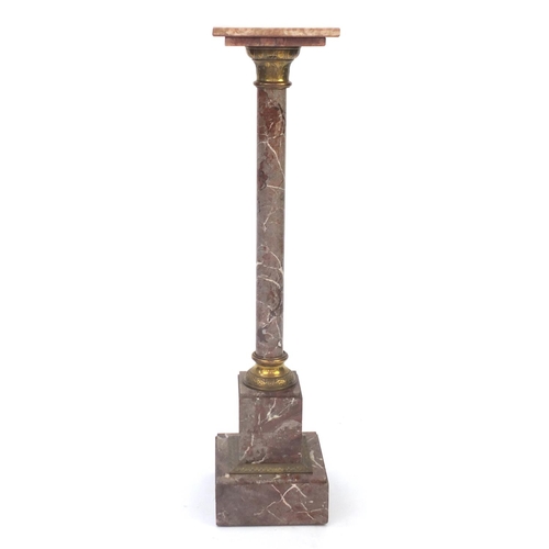 2045 - Marble pedestal column with brass mounts and stepped square base, 109.5cm H x 25.5cm W x 25.5cm D