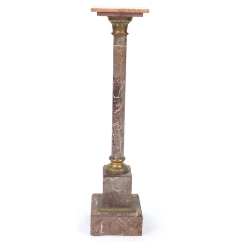 2045 - Marble pedestal column with brass mounts and stepped square base, 109.5cm H x 25.5cm W x 25.5cm D