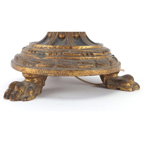 2326 - Gilt wood table lamp carved with swags and paw feet with shade, overall 66cm high