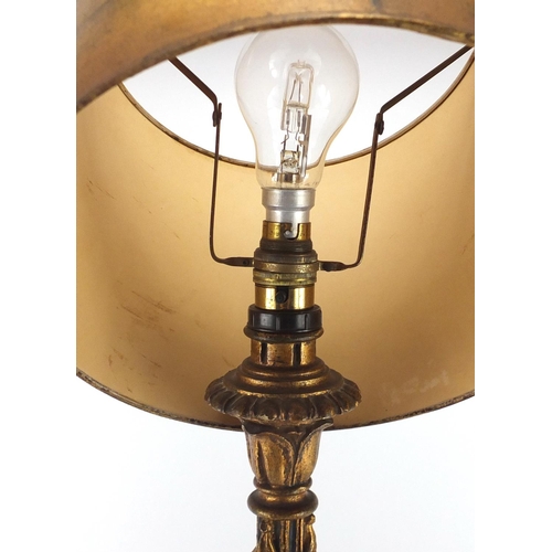 2326 - Gilt wood table lamp carved with swags and paw feet with shade, overall 66cm high