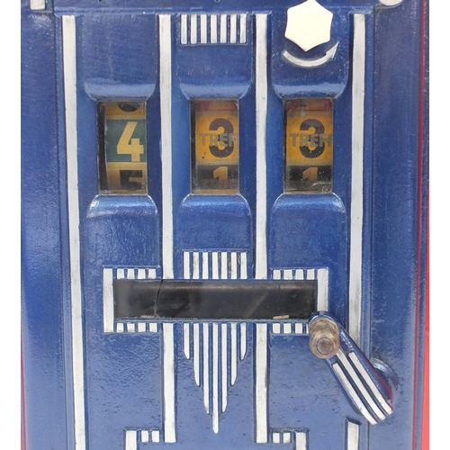 665 - Vintage wooden cased slot machine, 71cm H x 45.5cm W x 24cm D