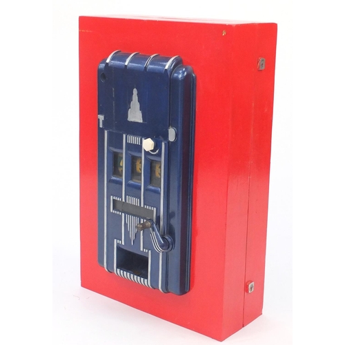 665 - Vintage wooden cased slot machine, 71cm H x 45.5cm W x 24cm D