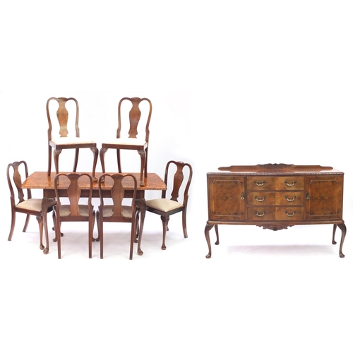 2031 - Burr walnut dining room suite comprising extending dining table, six chairs and sideboard