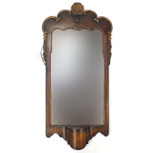 2025 - 18th century walnut pier mirror with shell crest and candle shelf, 98cm high x 48cm wide