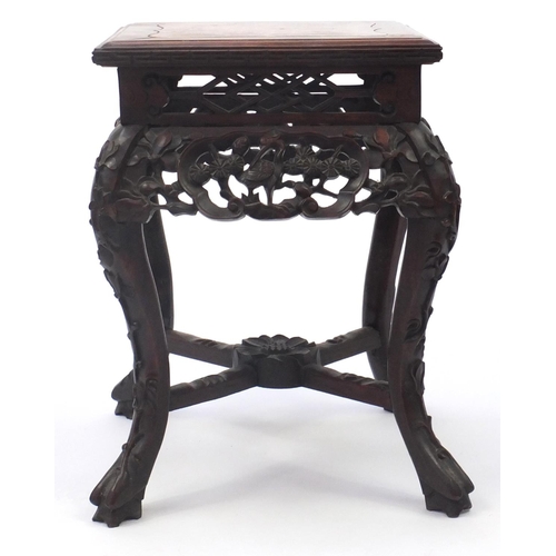 2049 - Chinese rosewood occasional table with inset marble top, carved and pierced with cranes amongst flow... 