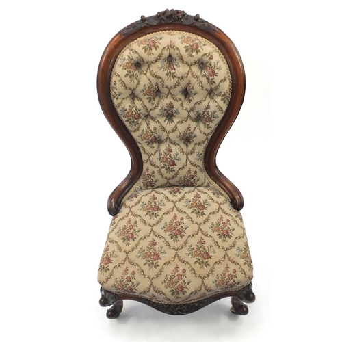 2051 - Victorian rosewood bedroom chair, with floral button back upholstery carved with acorns, 94cm high