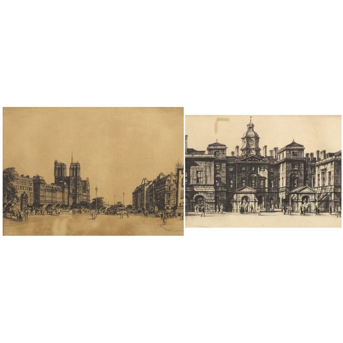 1369 - Henry Rushbury - Paris and horse guards parades St James Park, two black and white etchings, mounted... 