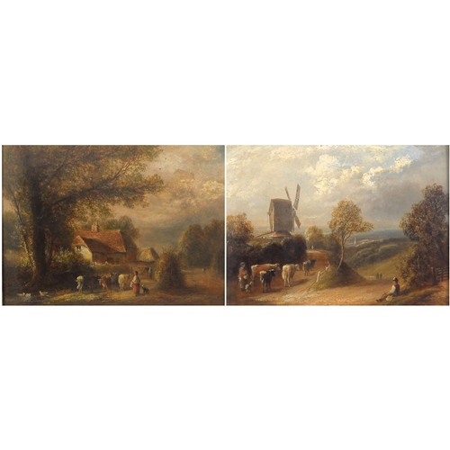 1314 - Cattle and figures before a farmhouse and windmill, pair of 19th century English school oil on board... 