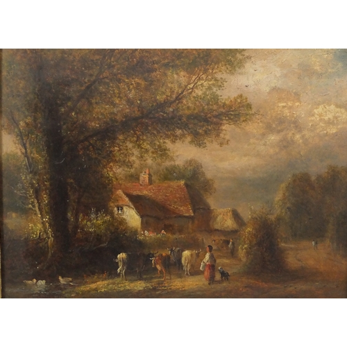 1314 - Cattle and figures before a farmhouse and windmill, pair of 19th century English school oil on board... 