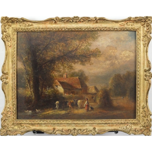 1314 - Cattle and figures before a farmhouse and windmill, pair of 19th century English school oil on board... 