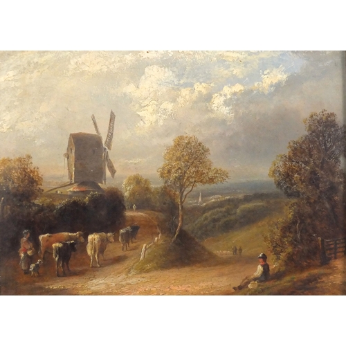 1314 - Cattle and figures before a farmhouse and windmill, pair of 19th century English school oil on board... 