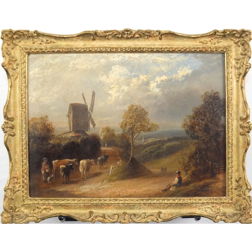 1314 - Cattle and figures before a farmhouse and windmill, pair of 19th century English school oil on board... 