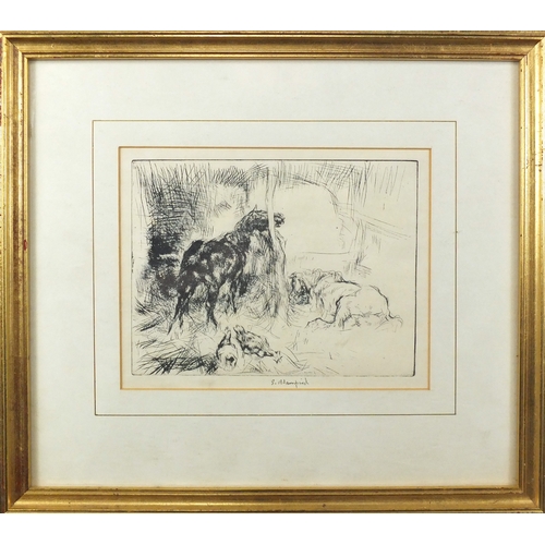 1367 - Two Stanley Charles Rowles pencil signed black an white etchings and a print depicting cattle by S B... 