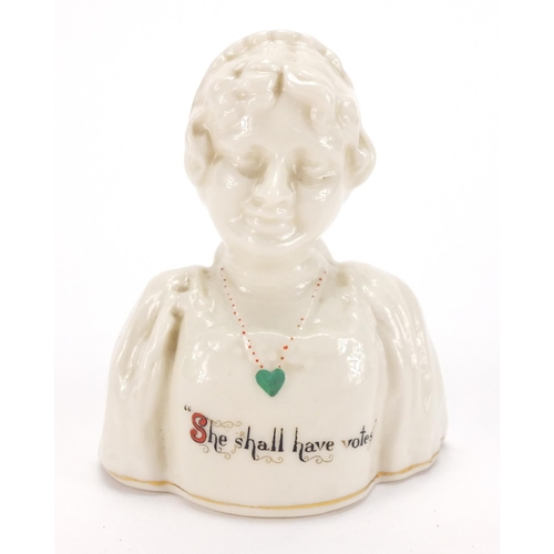 43 - Suffragette's interest Swan crested china double sided bust with Eastbourne crest 'Votes for Women, ... 