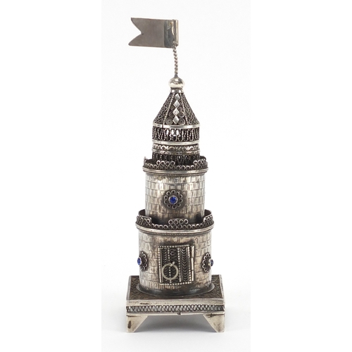 591 - Judaica silver filigree spice tower, set with blue stones, impressed marks to the base, 15.5cm high,... 