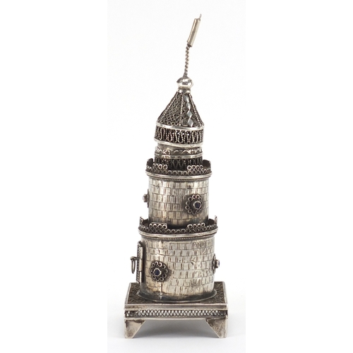 591 - Judaica silver filigree spice tower, set with blue stones, impressed marks to the base, 15.5cm high,... 