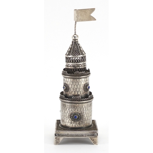 591 - Judaica silver filigree spice tower, set with blue stones, impressed marks to the base, 15.5cm high,... 
