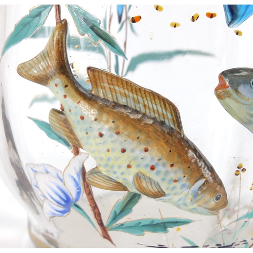 781 - Large Moser glass vase enamelled and decorated in relief with fish and dragonflies, 23.5cm high