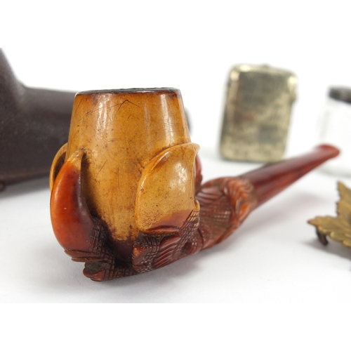 37 - Antique and later objects including an 18th century Bilston enamelled pill box and Meerschaum claw p... 