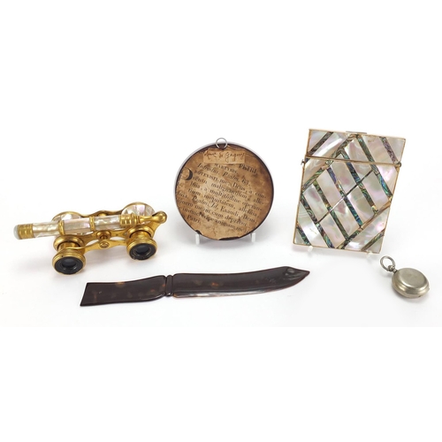 26 - Antique and later objects including a French Mother of Pearl and brass opera glasses by Iris, circul... 