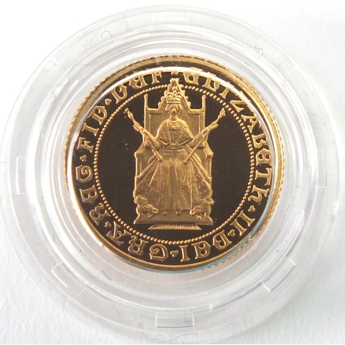 212 - Elizabeth II 1989 gold proof half sovereign, commemorating the 500th Anniversary of the first gold s... 