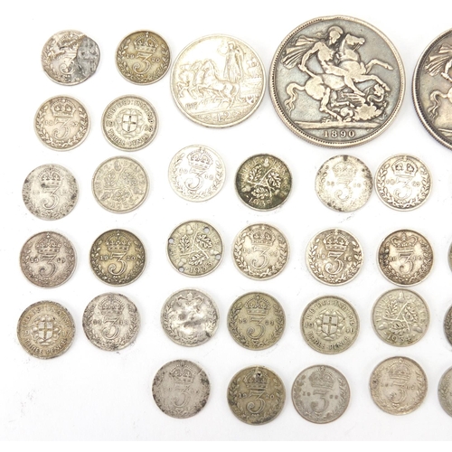 250 - 19th century and later mostly British coinage including two 1890 crowns, approximate weight 144.0g