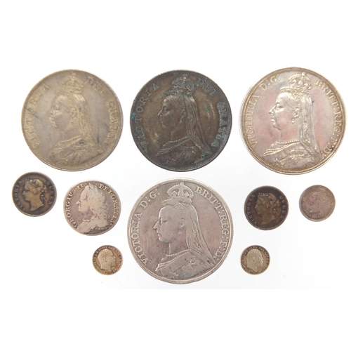 229 - George II and later British coinage, 1887 and 1891 crowns, two 1887 double florins, George II six pe... 