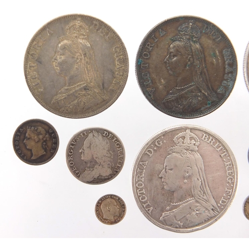 229 - George II and later British coinage, 1887 and 1891 crowns, two 1887 double florins, George II six pe... 