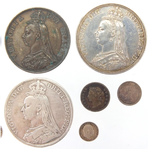 229 - George II and later British coinage, 1887 and 1891 crowns, two 1887 double florins, George II six pe... 