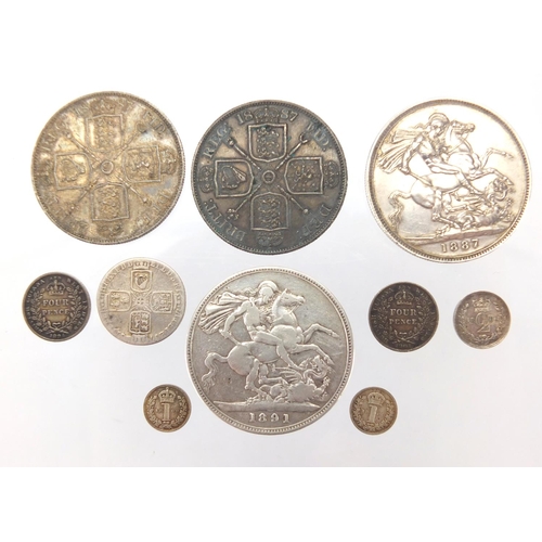 229 - George II and later British coinage, 1887 and 1891 crowns, two 1887 double florins, George II six pe... 