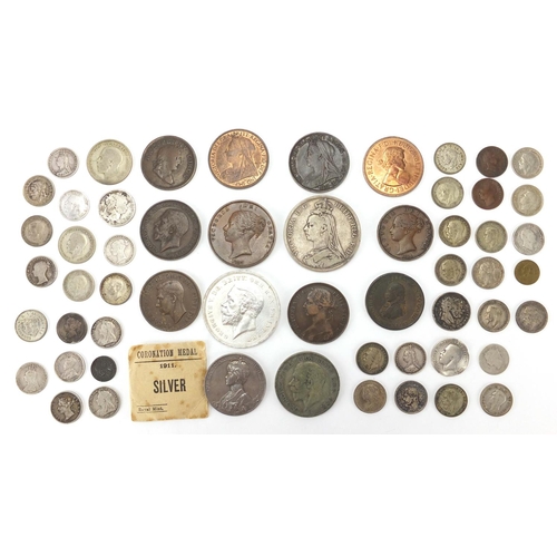 251 - Antique and later mostly British coinage, some silver including 1889 crown and George IV four pence,... 