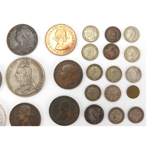 251 - Antique and later mostly British coinage, some silver including 1889 crown and George IV four pence,... 