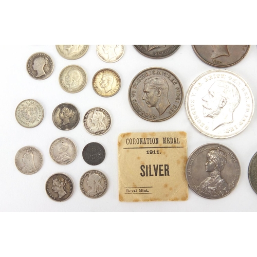 251 - Antique and later mostly British coinage, some silver including 1889 crown and George IV four pence,... 