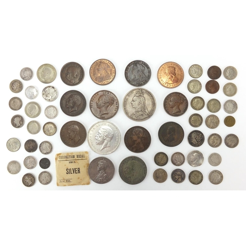 251 - Antique and later mostly British coinage, some silver including 1889 crown and George IV four pence,... 