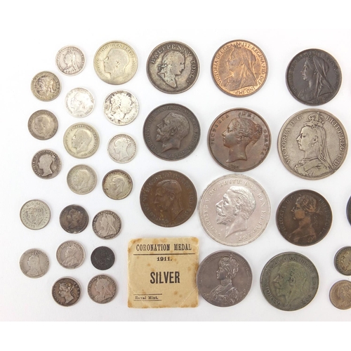 251 - Antique and later mostly British coinage, some silver including 1889 crown and George IV four pence,... 