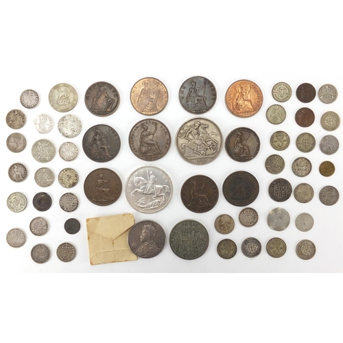 251 - Antique and later mostly British coinage, some silver including 1889 crown and George IV four pence,... 