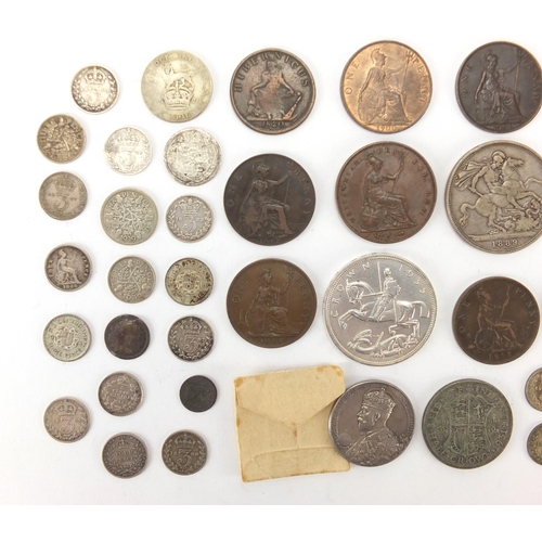 251 - Antique and later mostly British coinage, some silver including 1889 crown and George IV four pence,... 