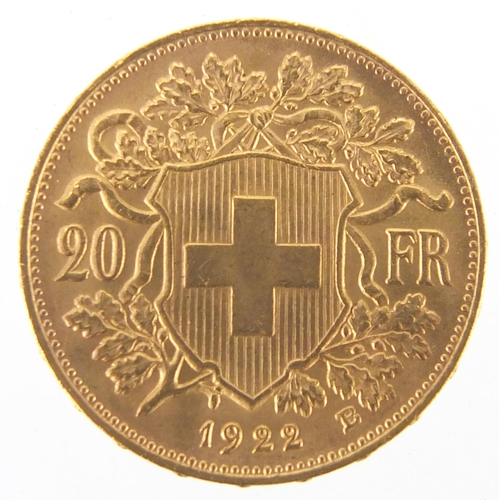 220 - Swiss 1922 gold 20 Franc, with fitted case