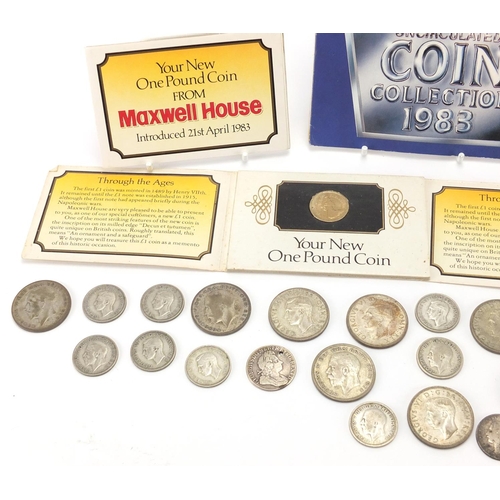 252 - British coinage including George I 1723 shilling, Queen Anne shilling and a 1983 coin collection