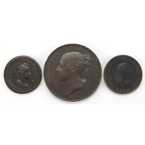 236 - Three antique British copper coins, two farthings, 1720 and 1799 and a Victorian Young Head 1855 pen... 