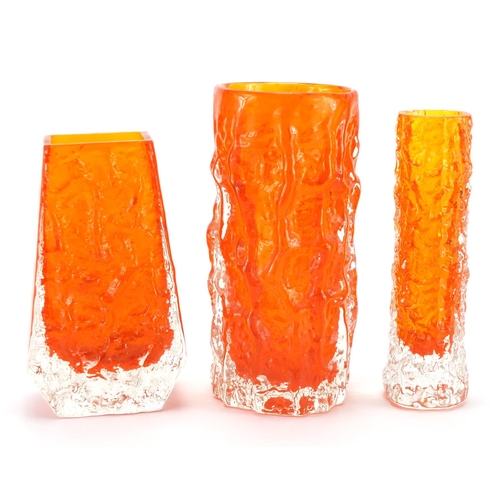 2184 - Three Whitefriars tangerine glass vases including a coffin example, the largest 15.5cm high