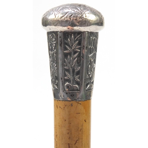 2497 - Malacca walking cane with Chinese silver pommel, embossed with trees and character marks, 89cm in le... 