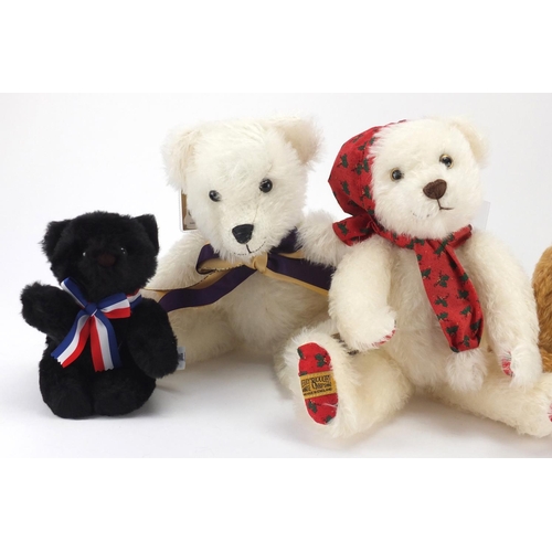 671 - Five Merrythought teddy bears with jointed limbs, with boxes including Regal Splendour and a Royal C... 